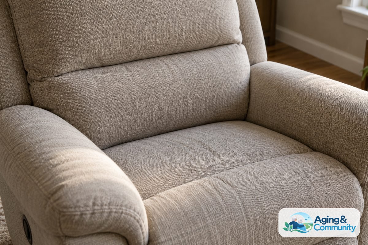How to Choose a Recliner for Comfort and Safety 4 A close view of a fabric recliner shows a rounded lumbar cushion above the seat and a broad upholstered armrest.