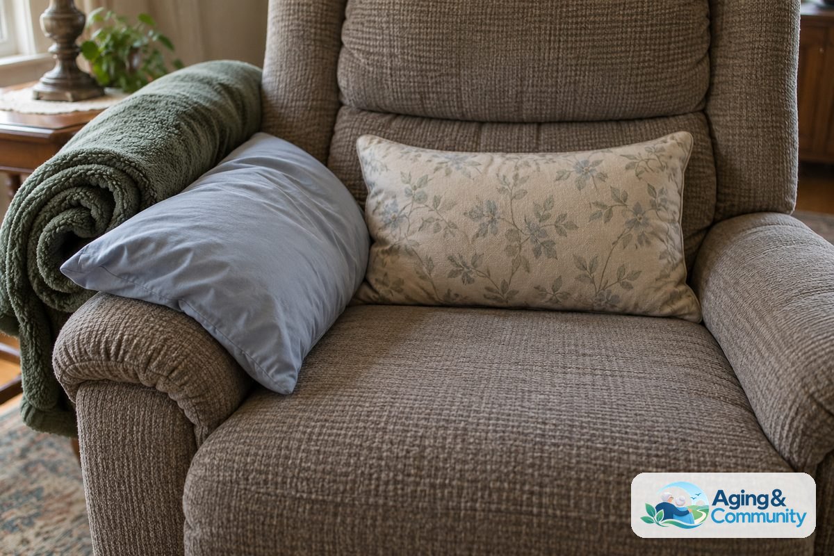 A close view of an empty recliner shows a lumbar pillow against the back cushion, a small pillow over the left armrest, and a rolled blanket along the left side.
