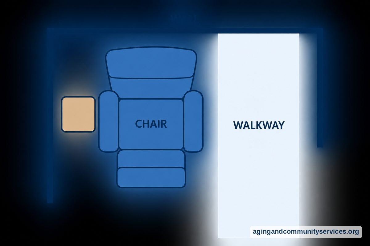 How to Choose a Recliner for Comfort and Safety 2 A top down room diagram shows an extended recliner separated from the wall, a nearby side table, and an unobstructed walkway beside the chair.
