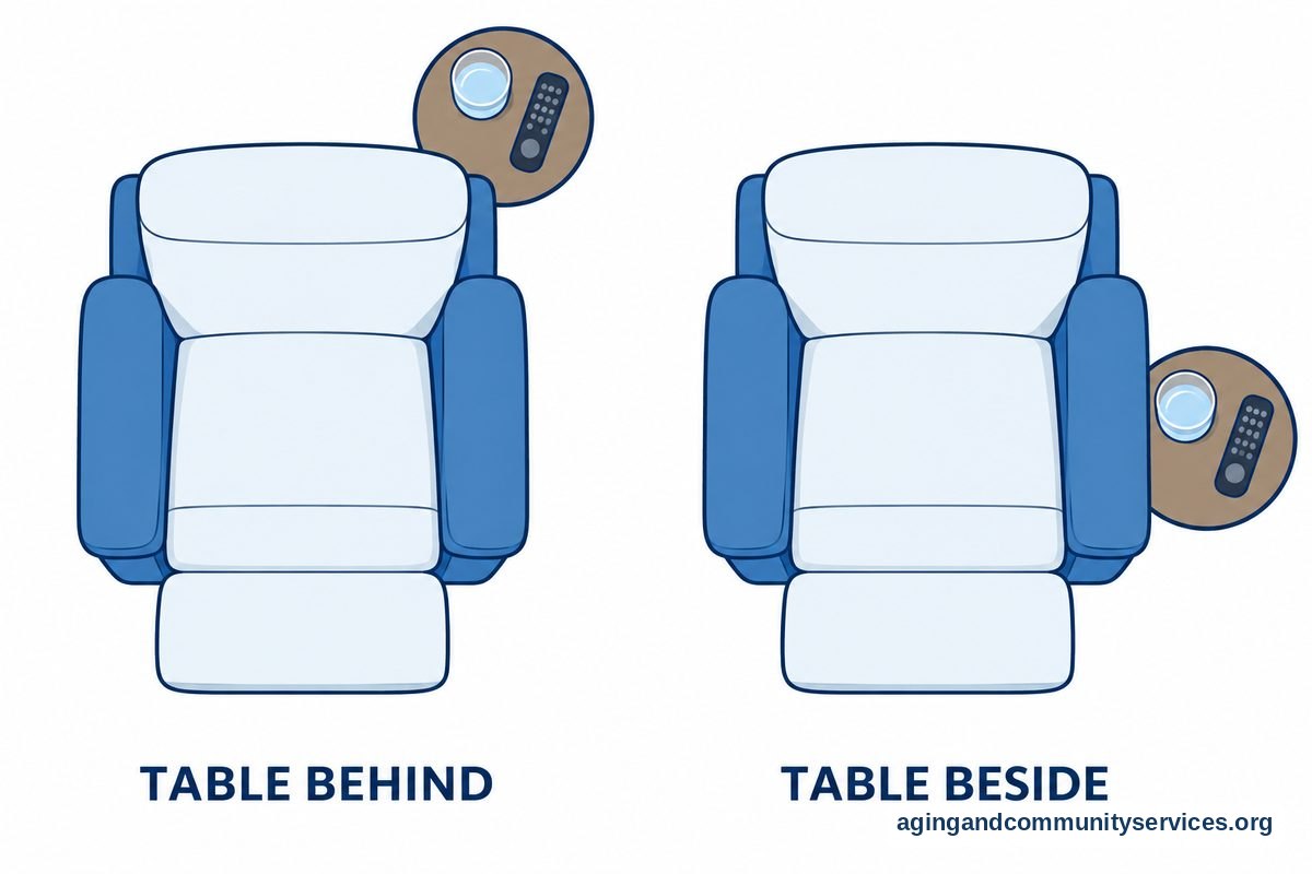 Two overhead drawings show the same recliner with a water glass and remote moved from a table behind the chair to a table beside its right armrest.
