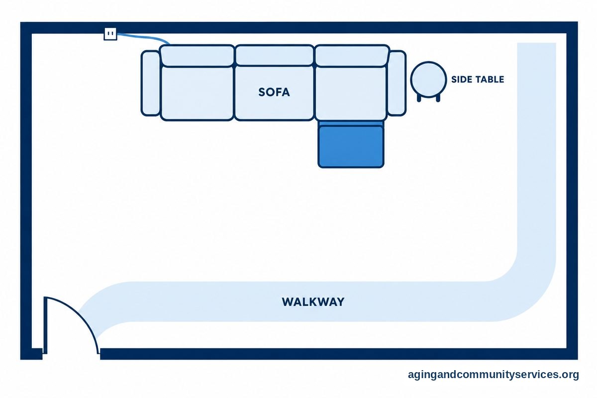 A top down room diagram shows a sofa with an extended footrest, a nearby side table, and an unobstructed walkway beyond the footrest.