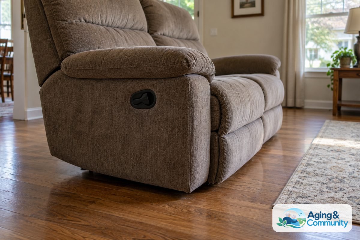How to Use a Recliner Safely and Comfortably 4 Photograph of a recliner sofa’s side handle and the surrounding floor space cleared of pillows and a pet, highlighting the mechanism.