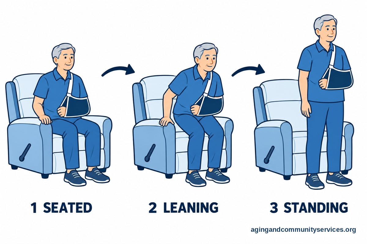 Three drawings show a person with the left arm in a sling sitting near the chair edge, leaning forward with the right hand on the armrest, and standing in front of the chair.