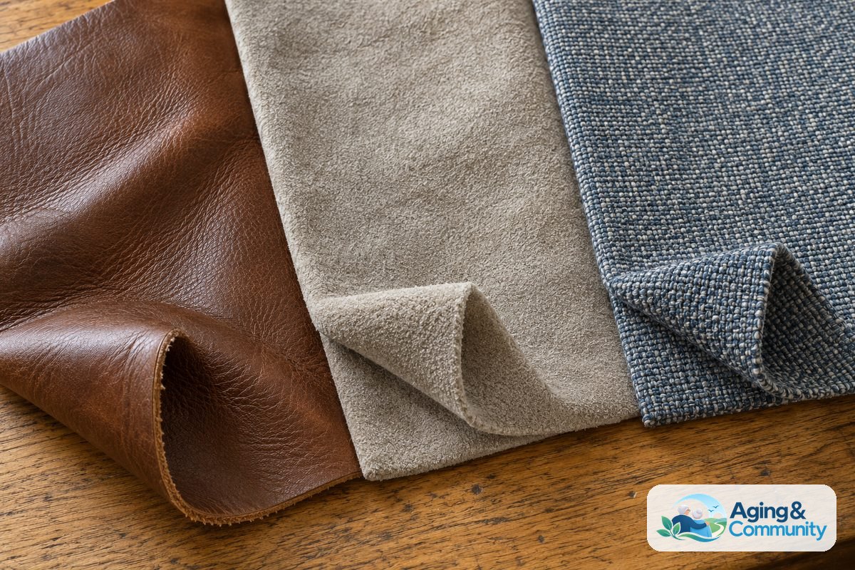 How to Choose Recliner Sofa Options for Your Home 4 Leather, microfiber, and tightly woven fabric samples lie beside one another on a wooden table, with their edges folded to reveal their surfaces.