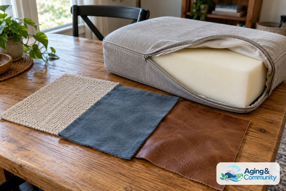 How to Choose a Recliner for Comfort and Safety 5 Woven fabric, microfiber, and leather samples lie beside an opened seat cushion cover exposing a thick foam insert on a wooden table.