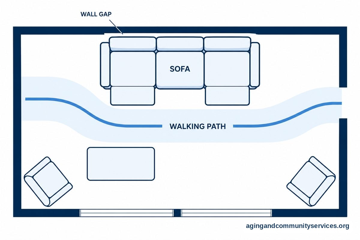 How to Choose Recliner Sofa Options for Your Home 2 A top view of a living room shows a sofa with extended footrests, a gap behind its back, and an open walking path leading to a doorway.