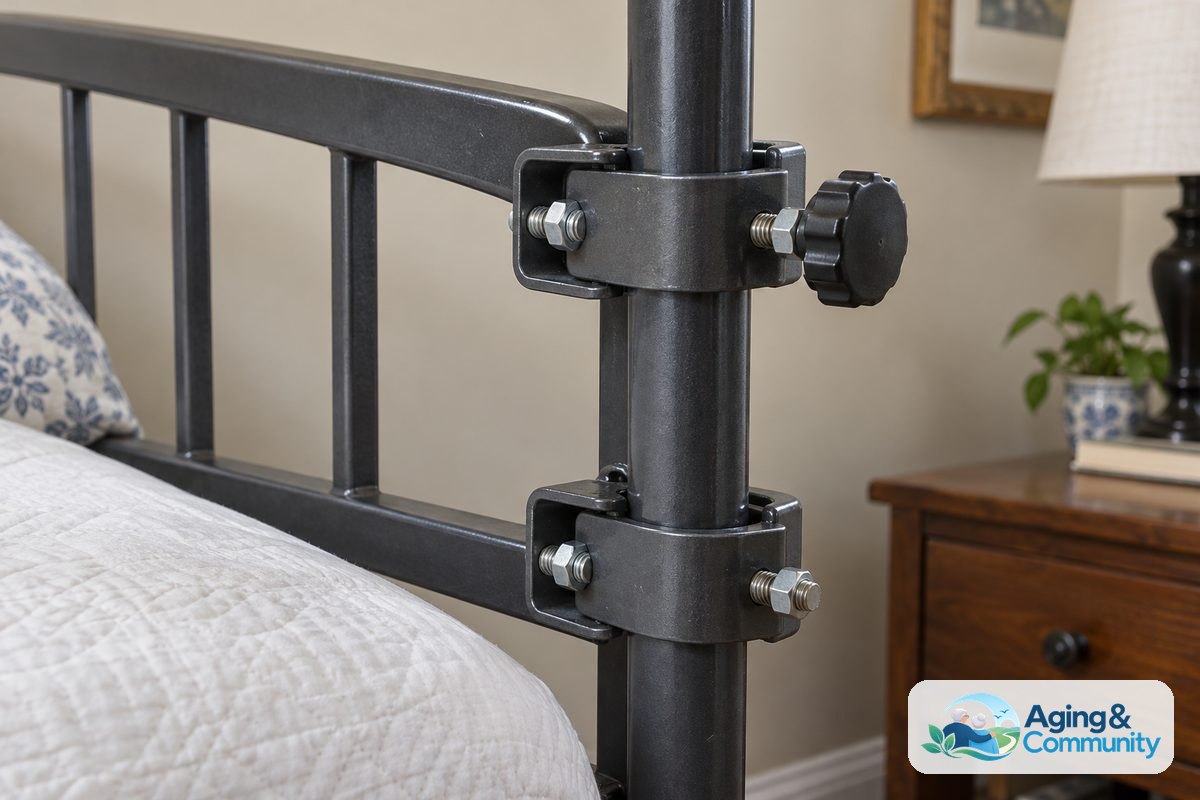 A close view shows a steel trapeze support clamped to a metal bed frame, with its adjustment knob and mounting hardware visible.