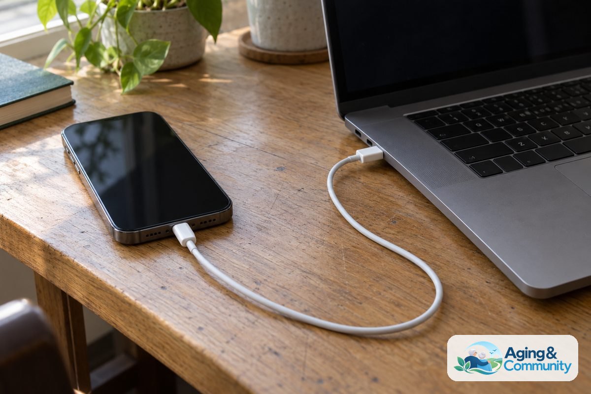 A replacement iPhone lies beside an open laptop with a cable connecting the phone to the computer.
