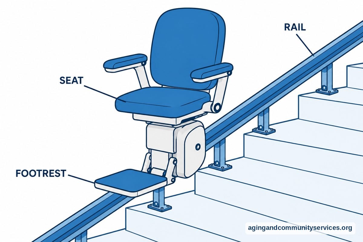 A stair lift is drawn beside a staircase with callouts pointing to its seat, footrest, and rail.