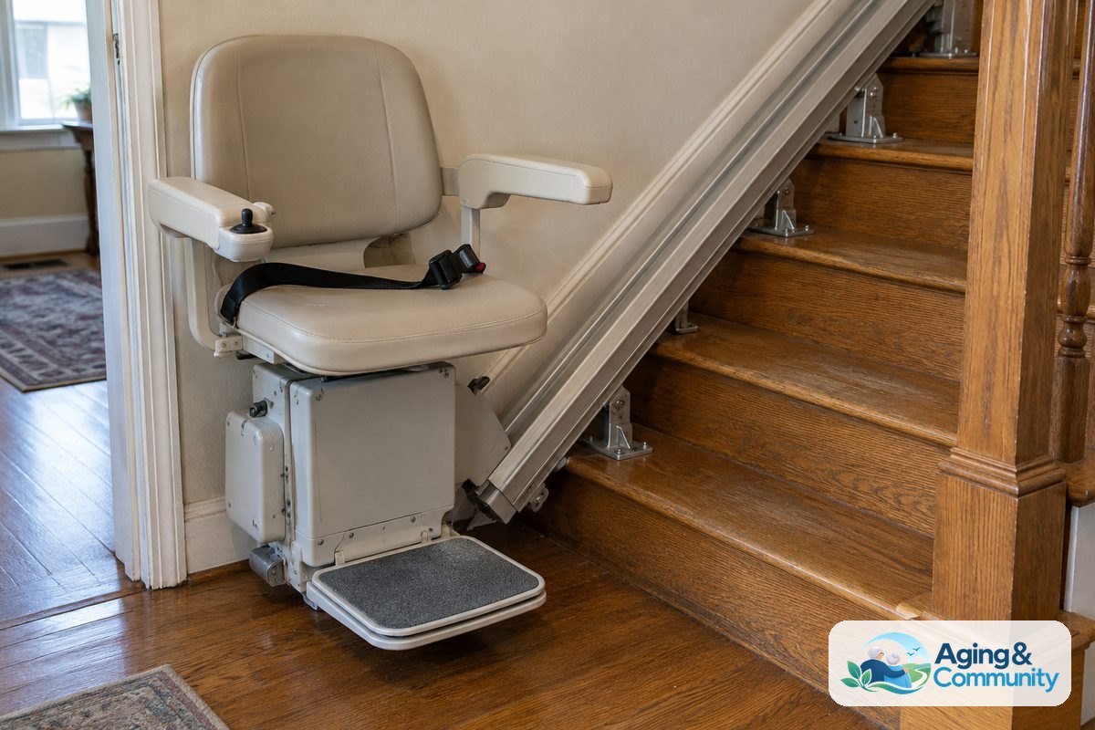 An empty stairlift seat with armrests, a footrest, and a lap belt is parked at the bottom of a wooden staircase beside its mounted rail.