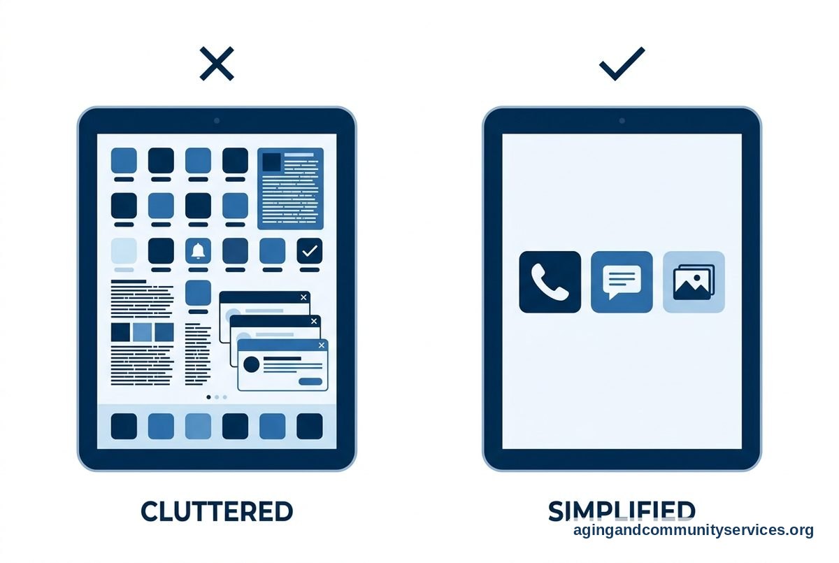 A two-panel diagram comparing a confusing cluttered device screen marked with a cross against a simplified senior-friendly interface marked with a check.