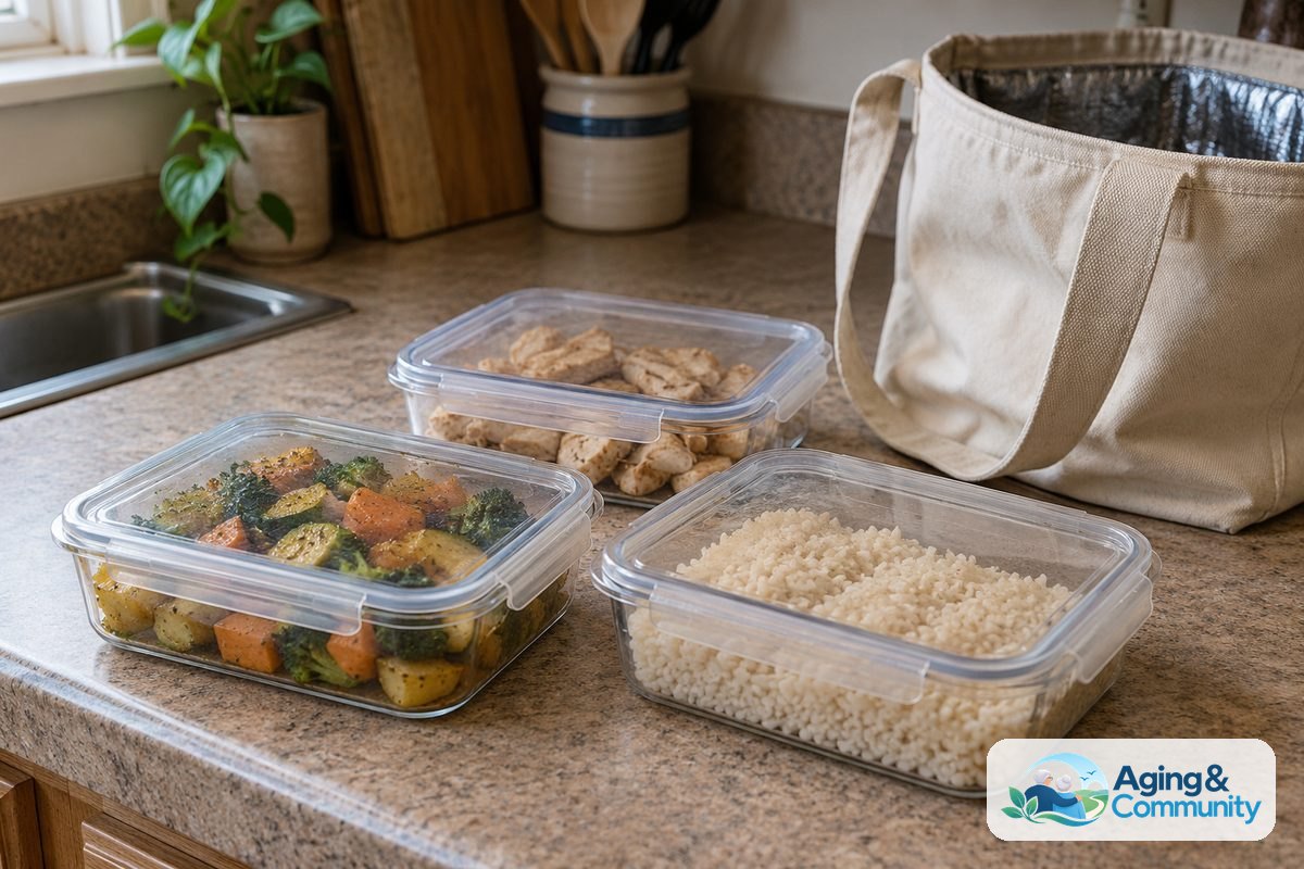 Three clear meal containers with fitted lids sit beside an insulated grocery tote on a kitchen counter.