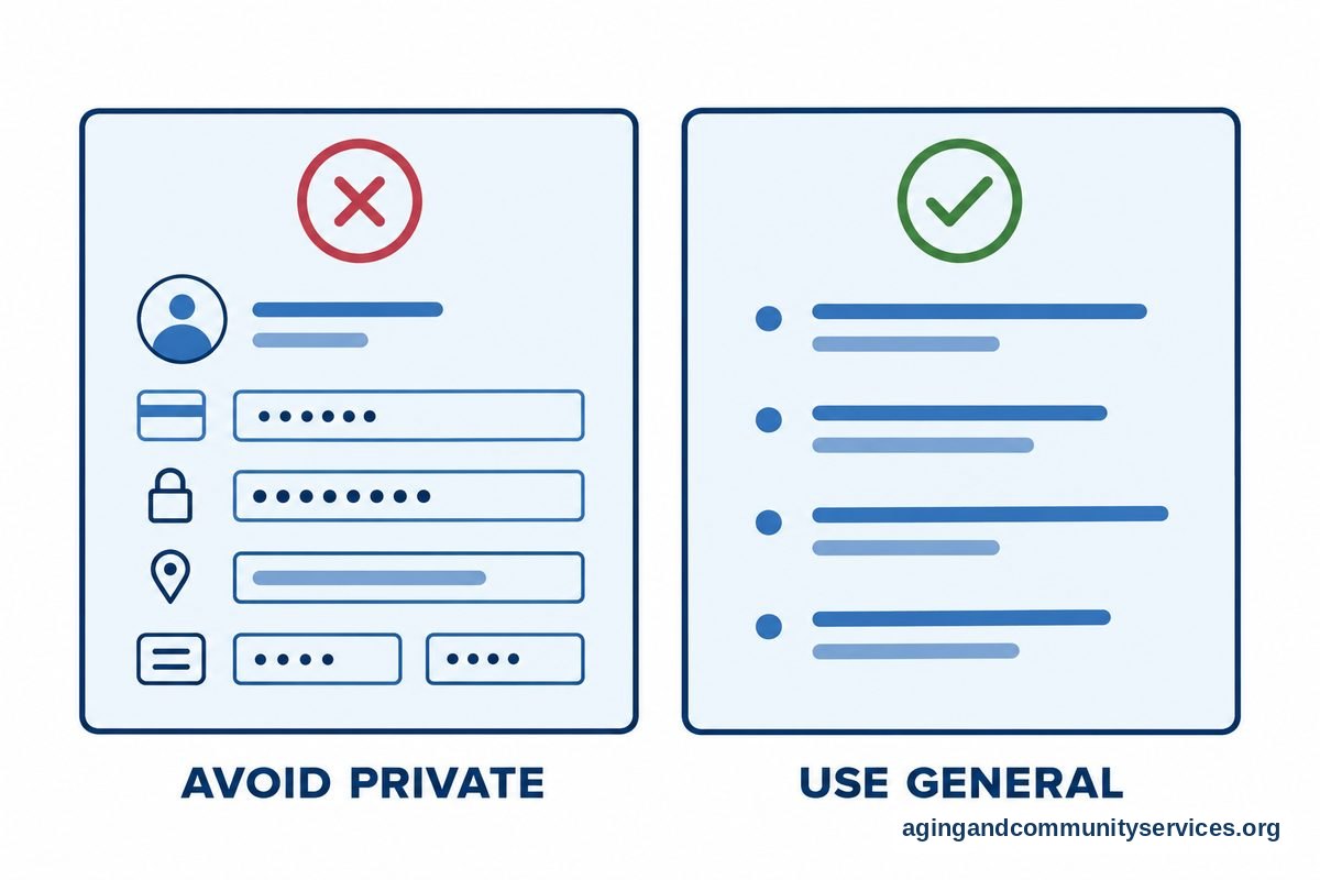 A two-column comparison diagram showing a red cross mark next to private personal data and a green check mark next to a general drafting query.