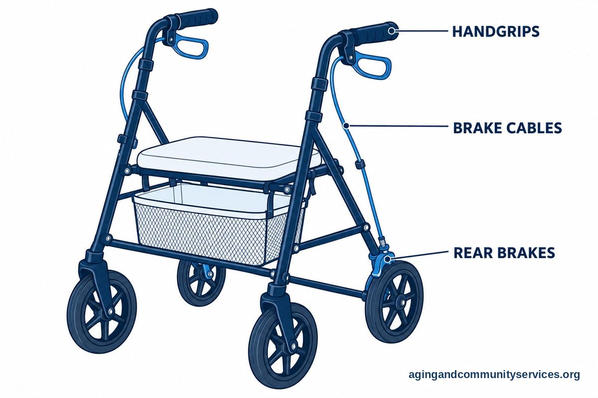 A vector drawing of a four wheeled rollator identifies its handgrips, brake cables, and rear wheel brakes with three leader lines.