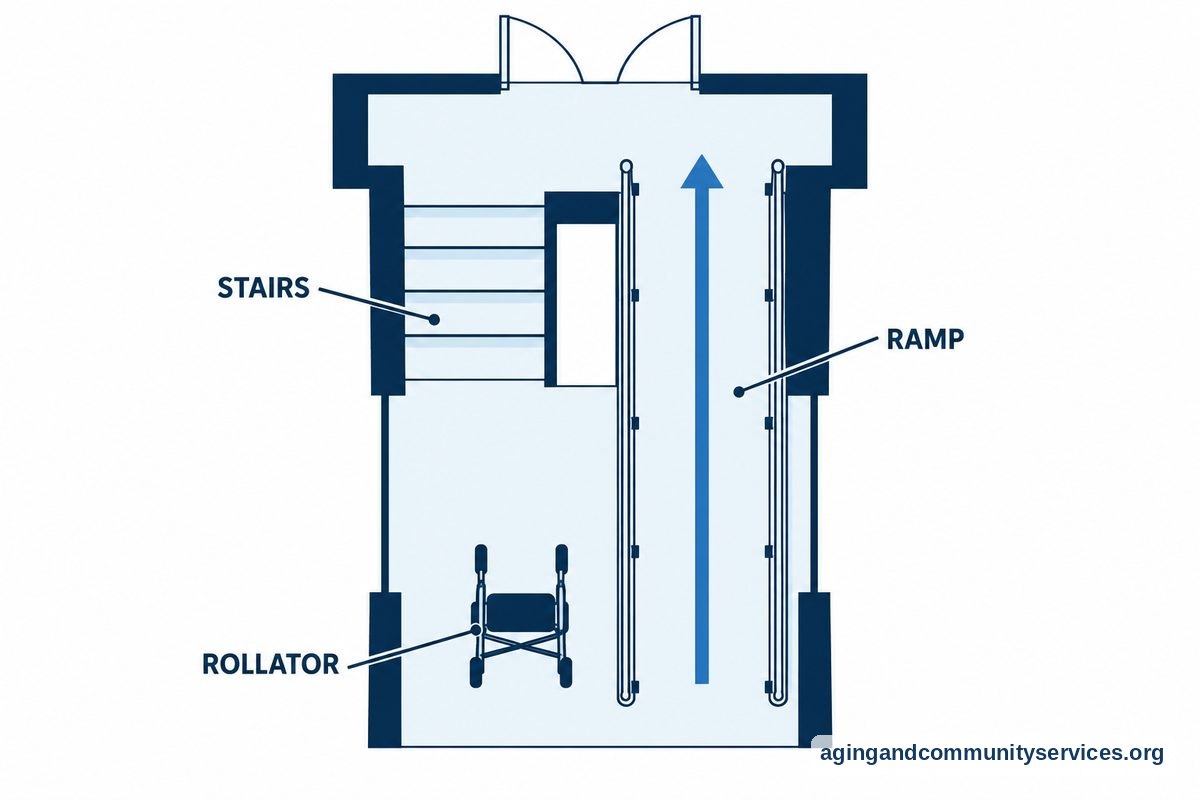 A top view shows a rollator facing a ramp beside a short staircase, with a blue route running along the ramp to a shared landing.