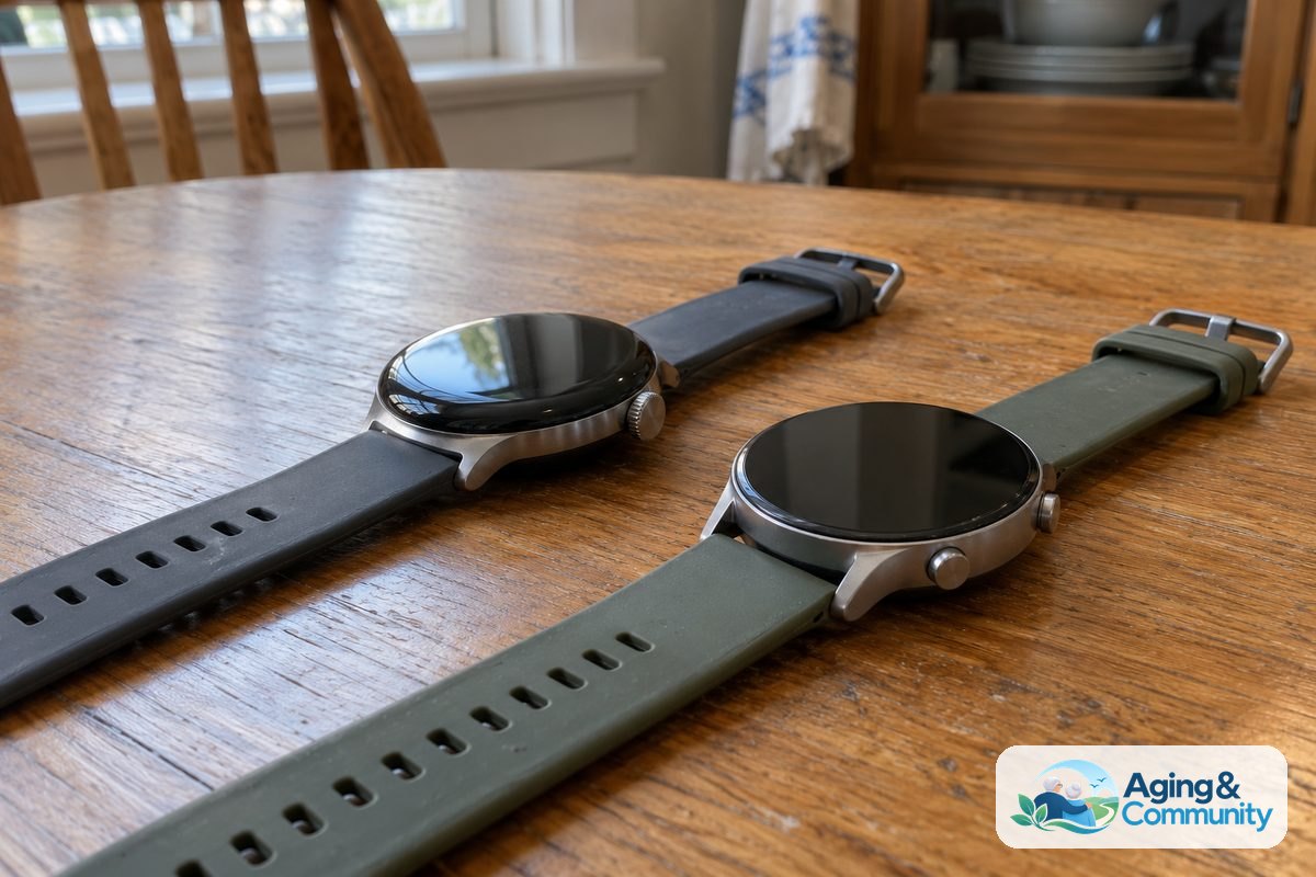 Two round smartwatches with different case profiles and silicone straps rest beside each other on an oak table.