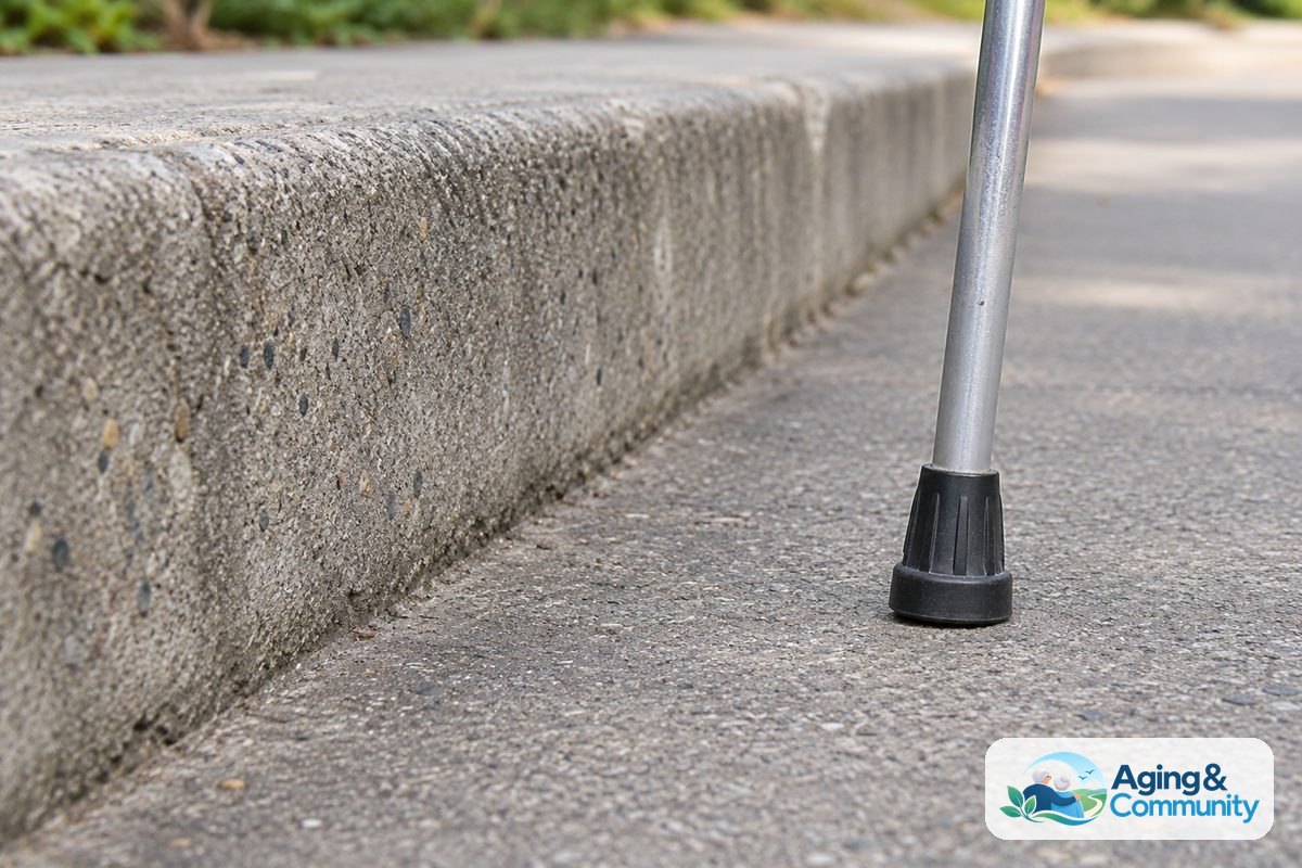 A rubber cane tip rests on flat concrete beside a low curb with a clearly visible rounded edge.