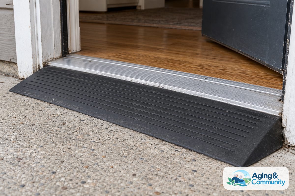 A grooved black rubber threshold ramp rests flush against a raised aluminum door sill between a concrete porch and an open doorway.