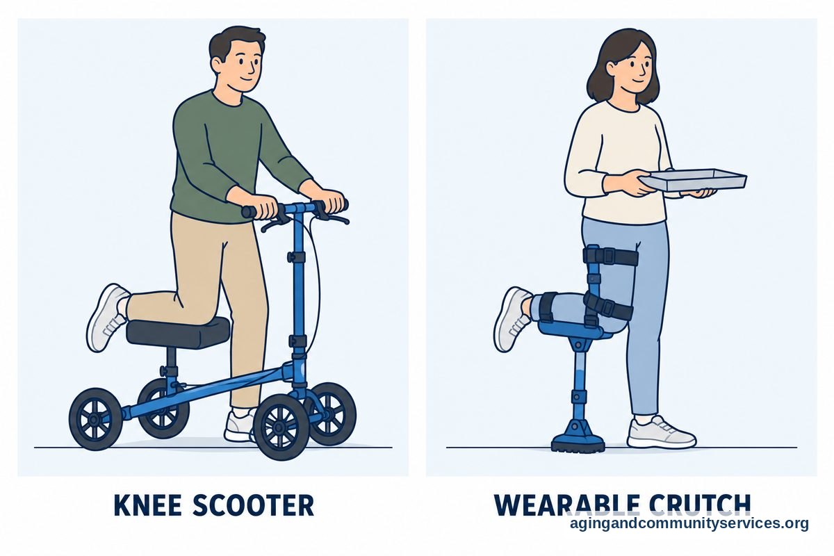 Two vector drawings show a scooter user holding both handlebars and a hands free crutch user holding a small empty tray.