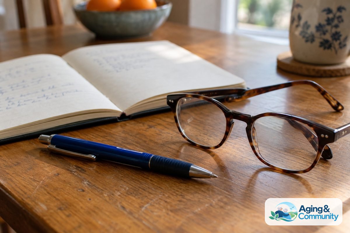 An open notebook with indistinct handwritten entries rests beside reading glasses and a pen on a worn wooden table.