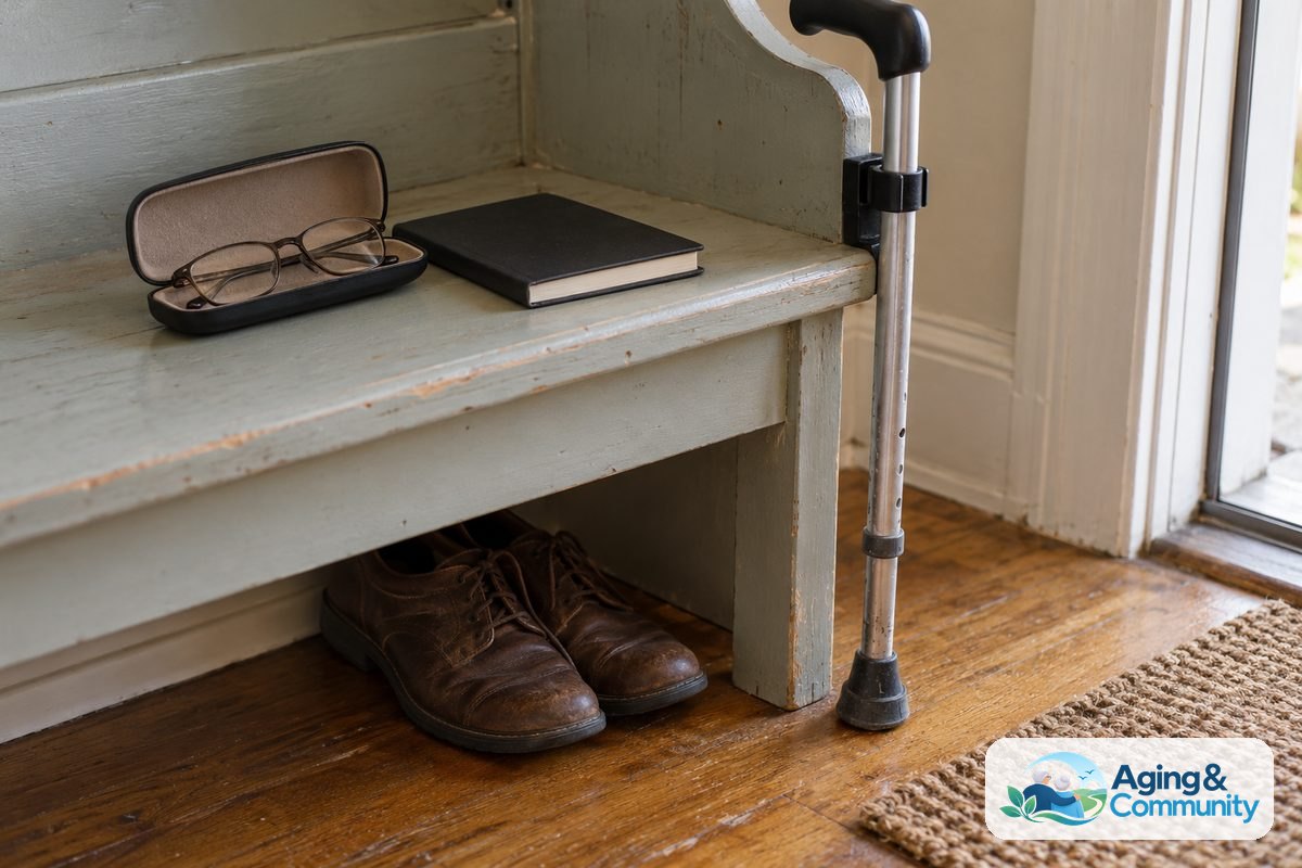 Reading glasses and a closed notebook sit on an entry bench beside a cane, with worn walking shoes placed underneath.
