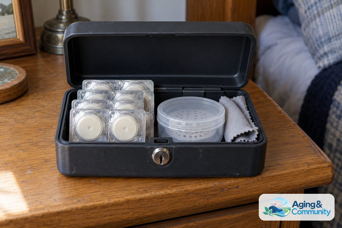 Unopened capsule blister packs and a closed drying jar sit inside an open storage box with a key lock on a bedroom cabinet shelf.