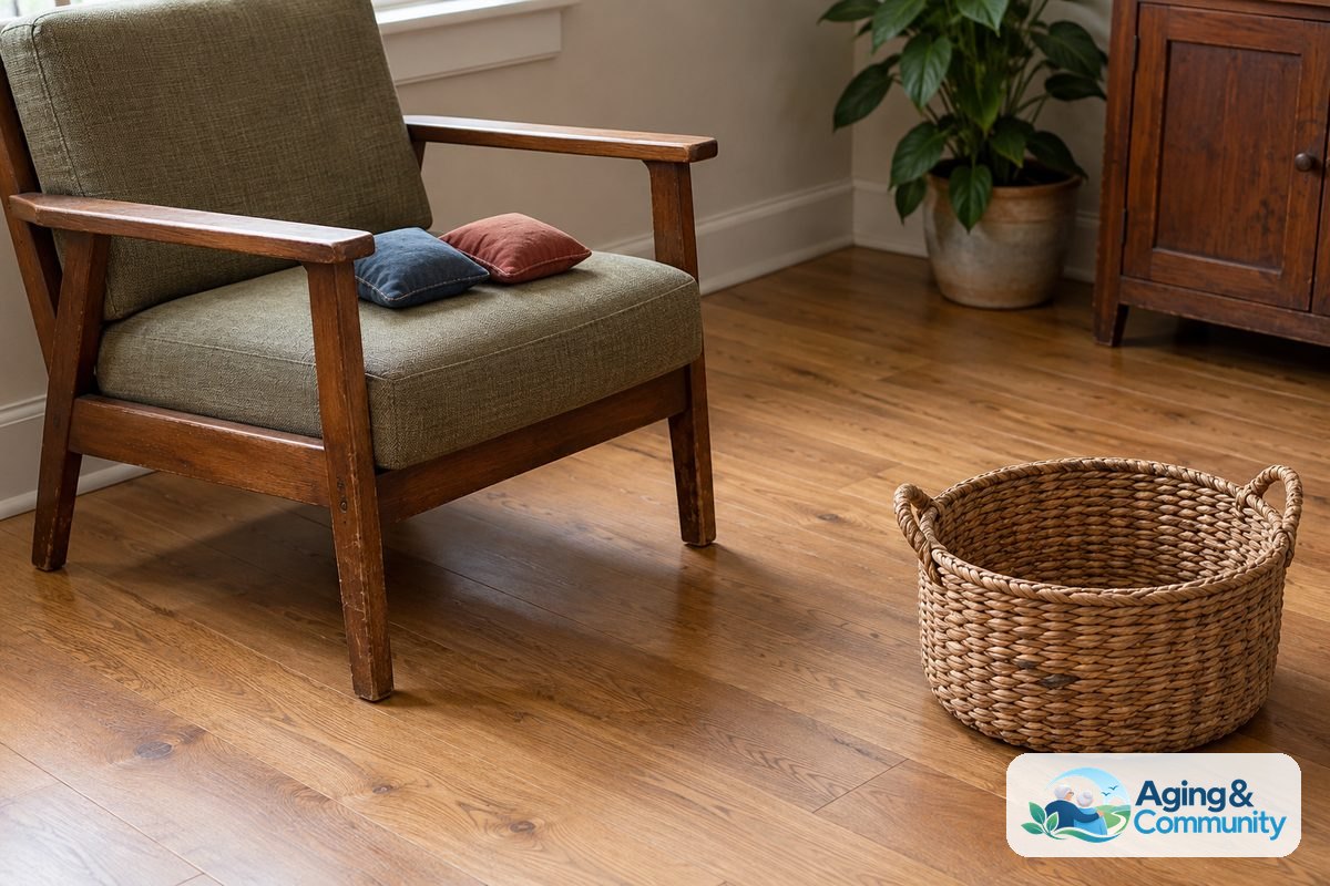 Fall Prevention Games for Seniors: Balance Fun 3 Two cloth beanbags rest on a wooden armchair seat facing a low woven basket on a clear floor.