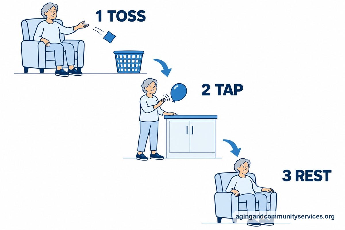Fall Prevention Games for Seniors: Balance Fun 4 Three drawings show an older adult tossing a beanbag while seated, tapping a balloon with counter support, and resting in an armchair.