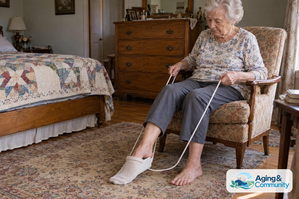 A woman seated upright in a firm armchair holds the cords of a sock aid with one foot extended toward the sock opening.