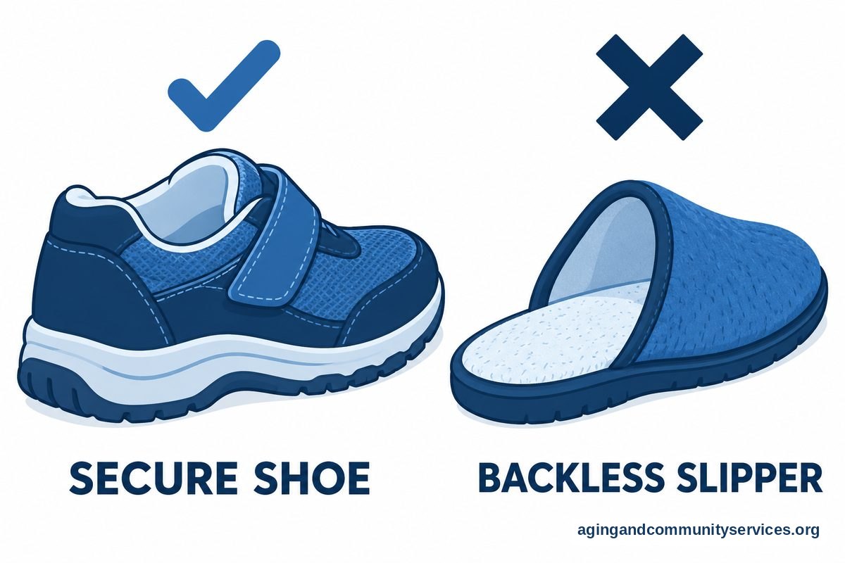 A closed heel shoe with a fastening strap and textured sole appears beside a backless slipper, with a check above the shoe and a cross above the slipper.