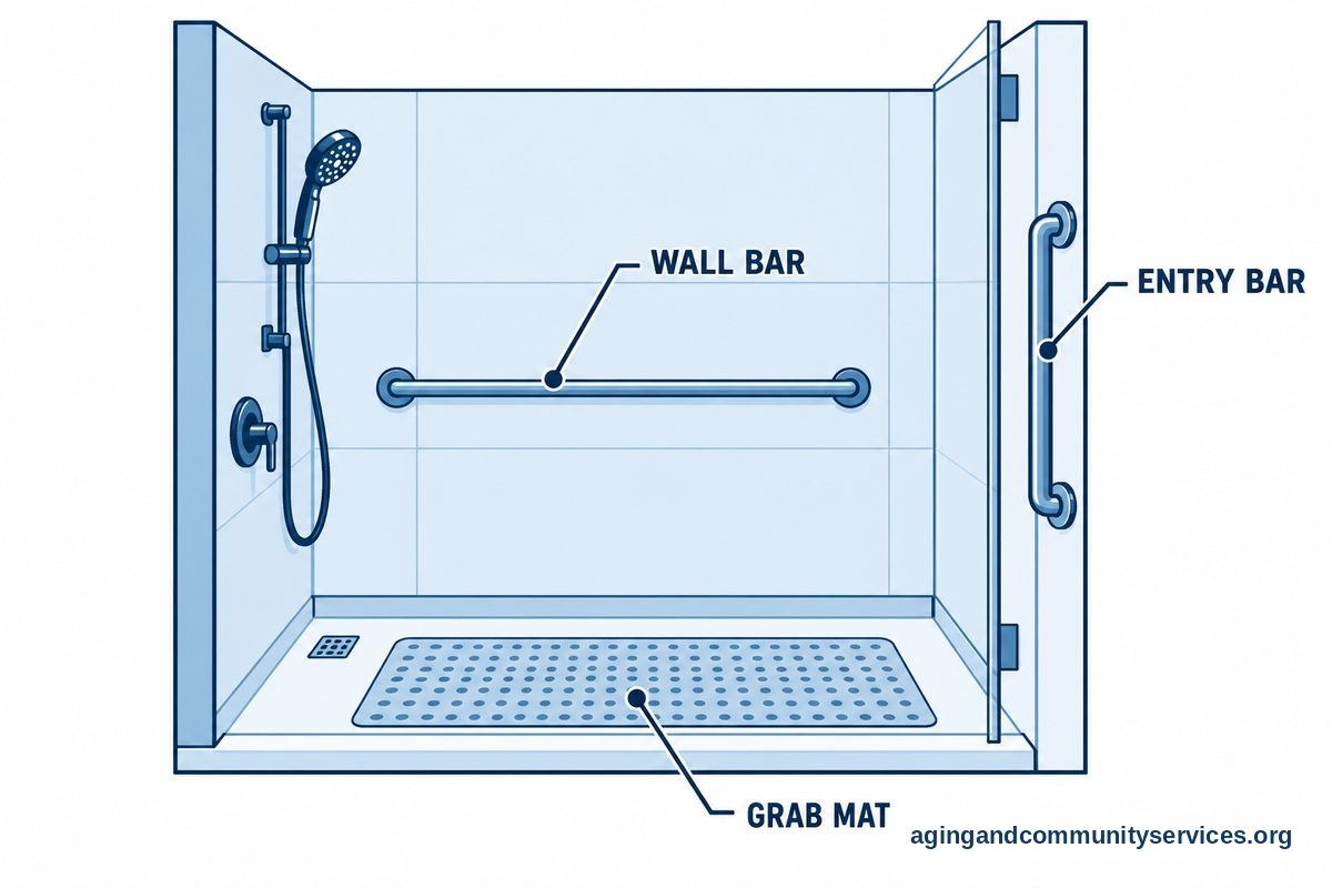 A technical vector illustration of a walk-in shower showing grab bar placements and a textured non-slip floor mat.