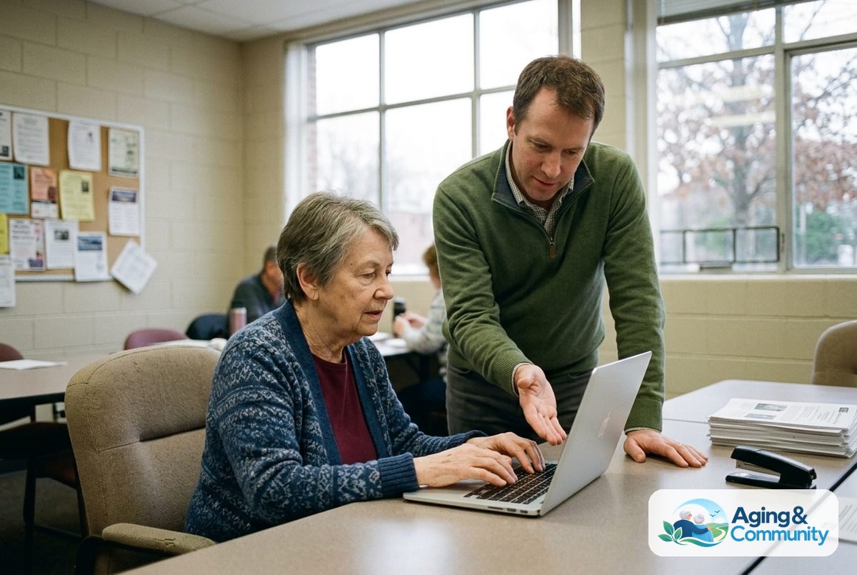 An instructor leans over to point at a laptop screen while an older woman seated at a community table types comfortably.