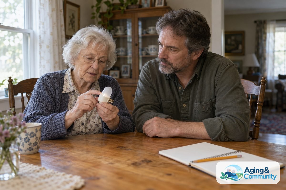 An older woman sits at a dining table with a younger adult and holds a compact night light beside an open notebook.