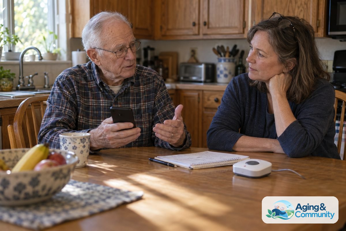 An older man and a younger woman sit at a kitchen table with a smartphone, a notebook, and an alert base unit between them.