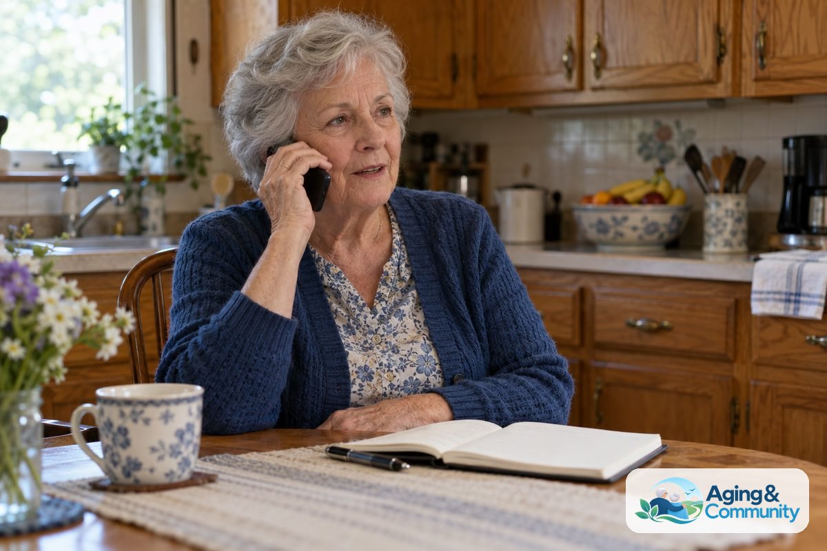 An older woman speaks on a phone at a kitchen table with an open notebook and a pen beside her hand.