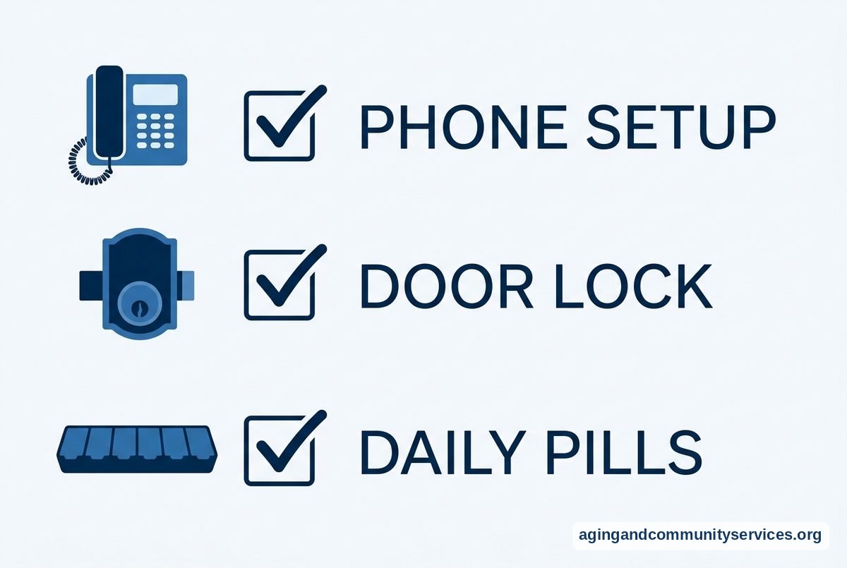 Checklist diagram with three illustrated rows showing a phone cradle, a door deadbolt, and a medication organizer.