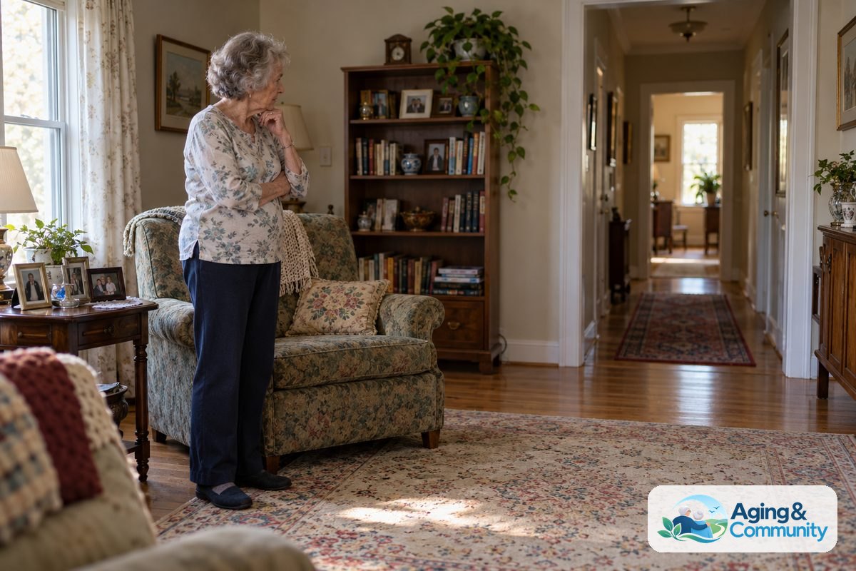 An older woman in a cardigan standing in a sunlit living room looking thoughtfully at a clear walking path near an armchair.