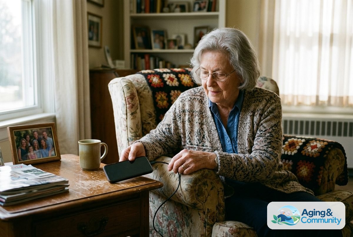 An older woman seated beside an armchair connects a charging cable to an iPhone on a wooden side table.