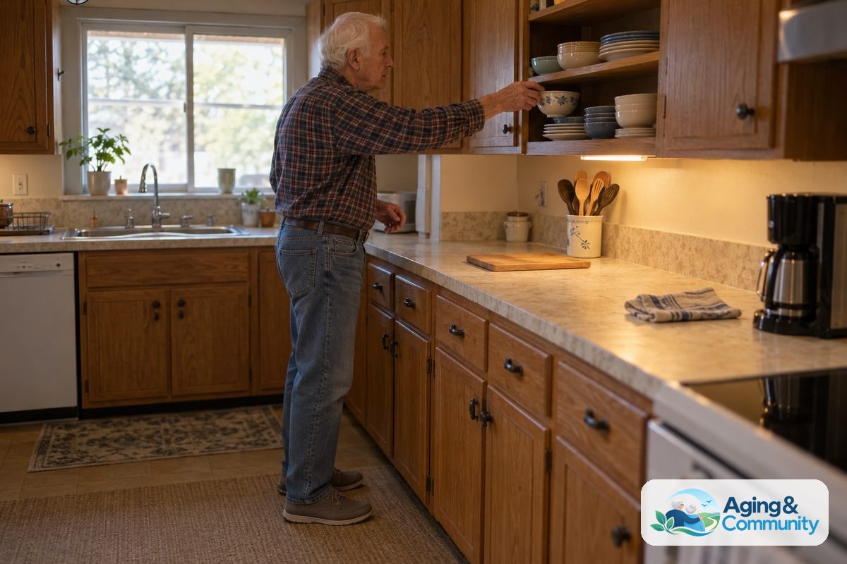 An older man takes a bowl from an open kitchen shelf at chest height while standing beside a brightly lit counter.