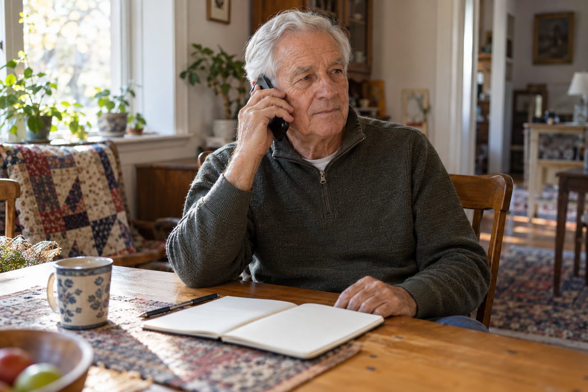 An older man holds a phone to his ear at a dining table with an open notebook and a pen in front of him.