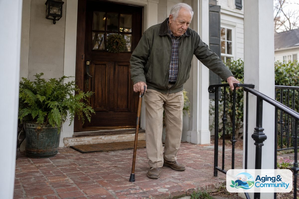An older gentleman holding a supportive walking cane while stepping carefully onto a sturdy concrete porch with a secure metal railing.