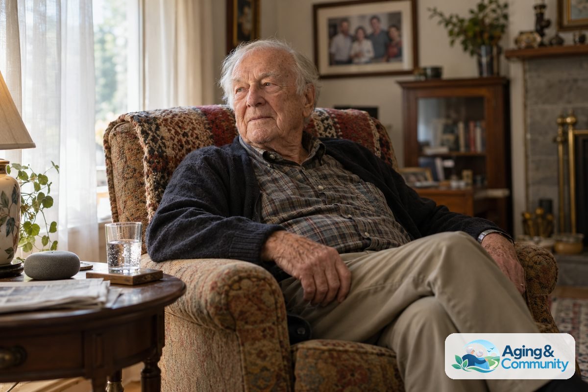 A man in his early 80s sits comfortably in a supportive armchair listening to an audio reminder from a small cylindrical smart speaker resting on a nearby side table.
