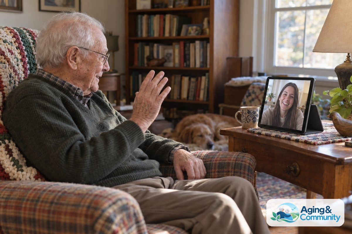 An older man seated beside a living room window waves toward a tablet showing a younger woman's face.