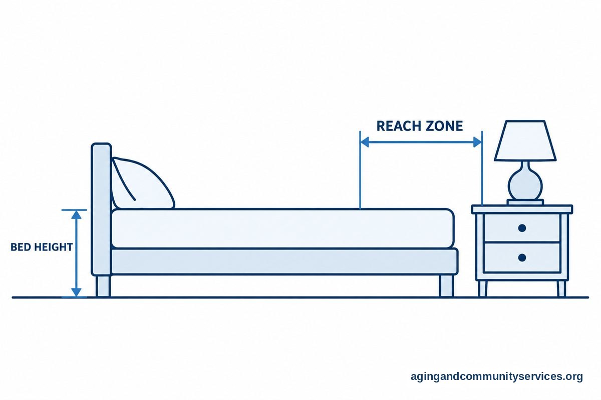 A technical vector diagram showing safe reach distances and nightstand clearance alongside a low bed.