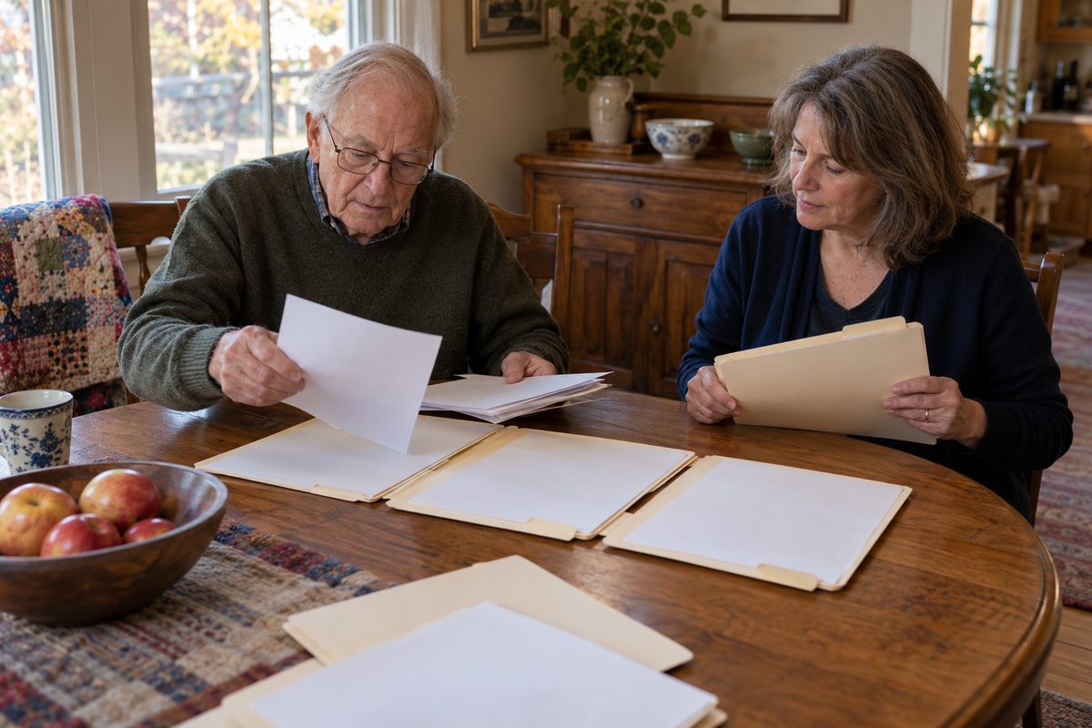 An older man sorts loose papers into open folders at a dining table while a woman beside him holds another folder.
