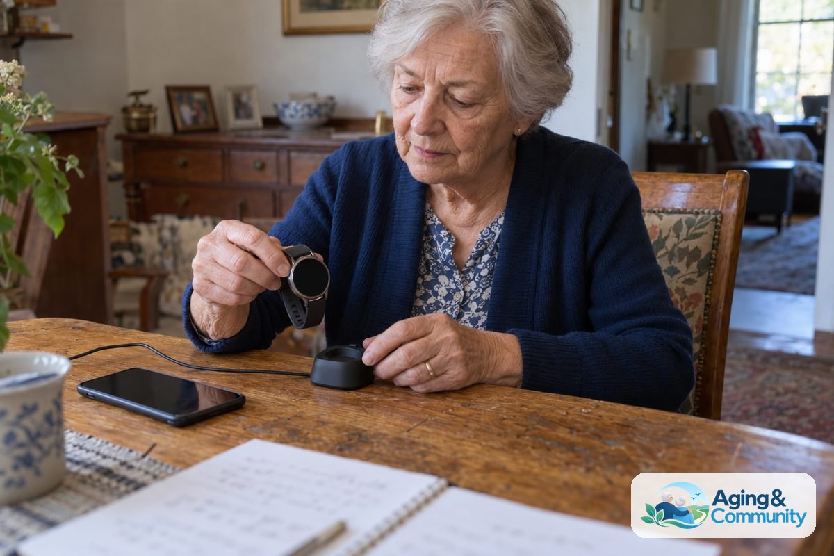 An older woman holds an alert watch beside its charging cradle while a notebook and a phone rest on her dining table.