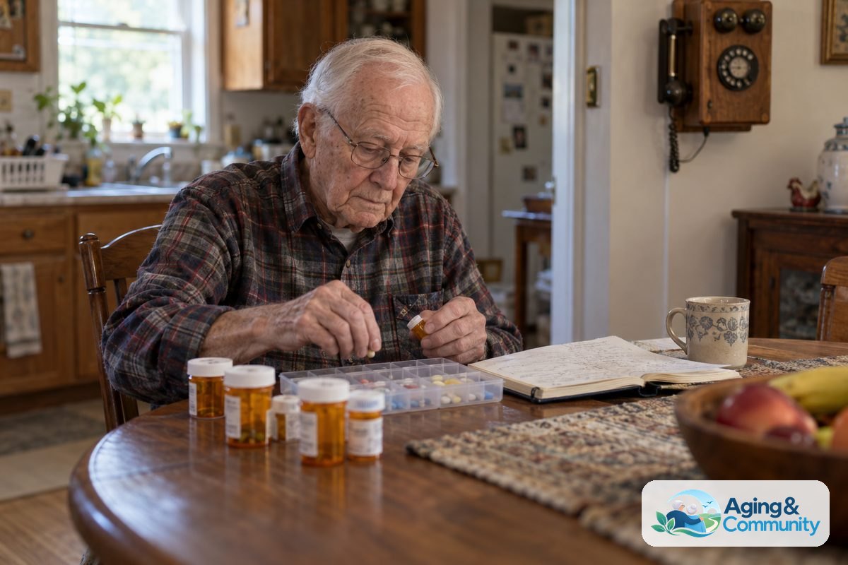 An older man seated at an oak dining table reviewing prescription bottles and a printed list beside a weekly pill organizer.