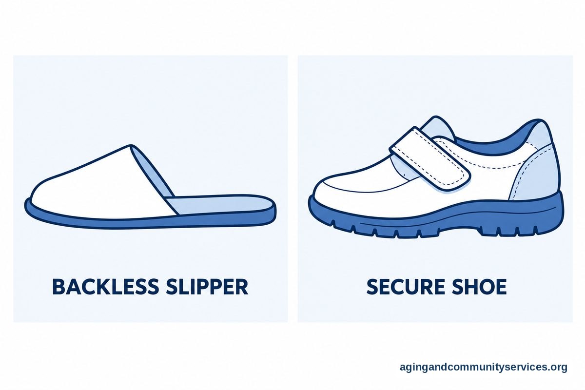 A comparison diagram contrasting a loose backless slipper on the left with a secure walking shoe featuring non-slip tread on the right.