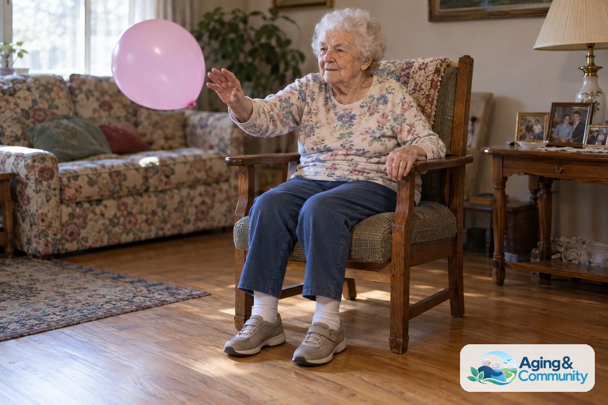 Fall Prevention Games for Seniors: Balance Fun 1 A woman seated upright in a wooden armchair gently taps a balloon in front of her while both feet rest on the floor.