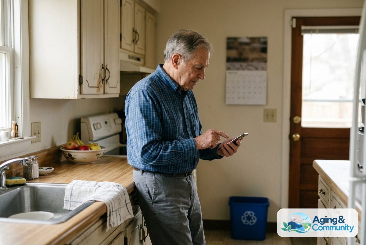An older man taps a smartphone at a kitchen counter beside a blue recycling bin and a wall calendar.